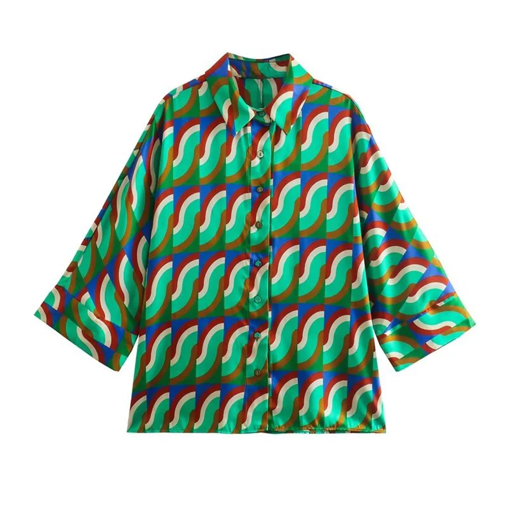 

Summer and autumn new women's geometric print shirts loose all-match casual blouses long-sleeved tops