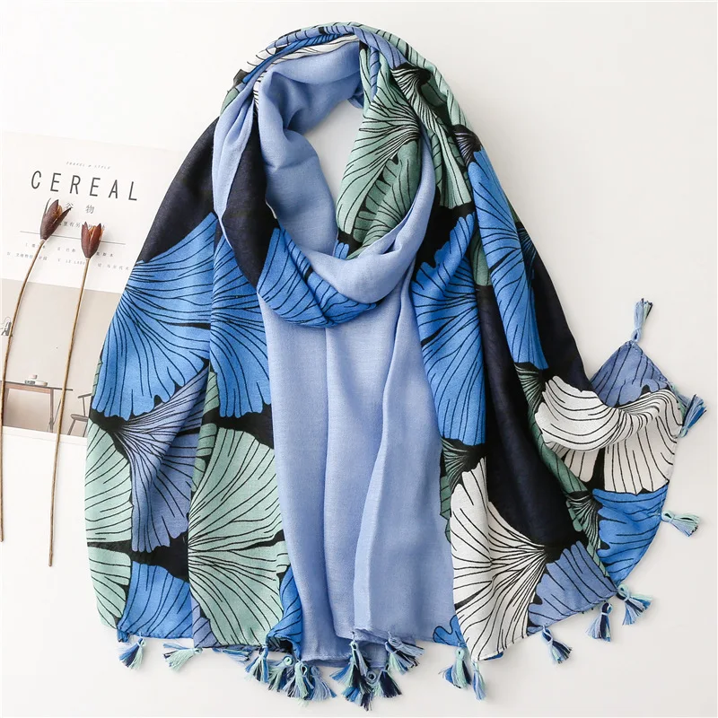 

2020 New Cotton Warm Ginkgo Leaf Print Tassel Scarves And Shawls Long soft Trendy Leaves Wrap Hijab Free Shipping