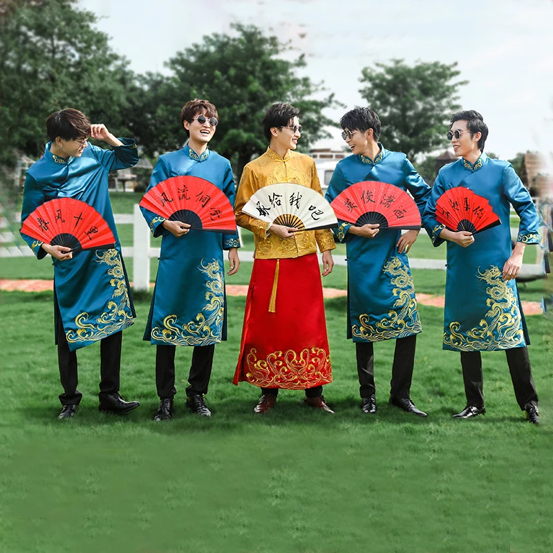 

Red Black Pink Traditional Chinese Dresses Large Size Tang Suit Men Robe Brother Costume Cross Talk Gown Cheongsam Weddin Dress