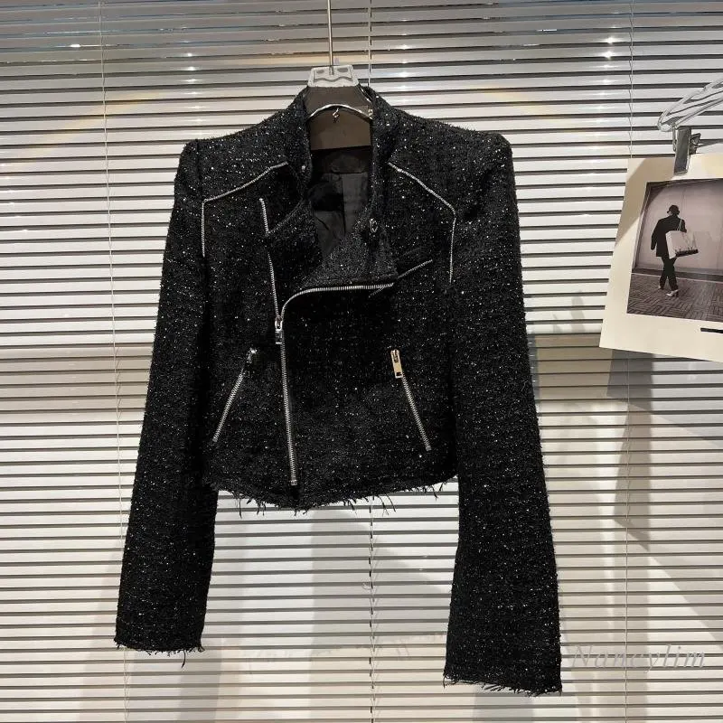 

Short Coat for Women 2022 Autumn New Classic Style Oblique Zipper Tweed Burr Motorcycle Jacket Street Top
