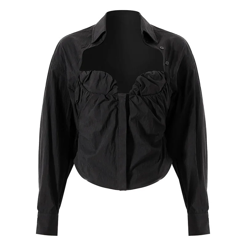 

SeeBeautiful Pleated Loose Shirt Deep V-neck Single Breasted Long Sleeve Blouse Simple Women Summer 2022 New Fashion Q162