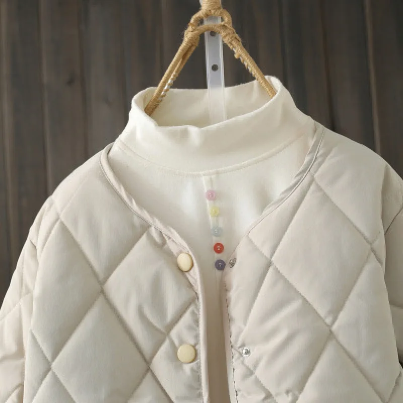 Autumn Winter 2022 Women's O Neck Basic Top Lingge Collarless Parka's Cotton Jacket Short Cotton Parka Women's Cotton Parka Coat