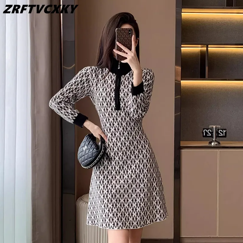 

Женское трикотажное жаккардовое платье, винтажное дизайнерское короткое платье-пуловер на молнии, с высоким воротником и длинным рукавом, платье-трапеция, осень