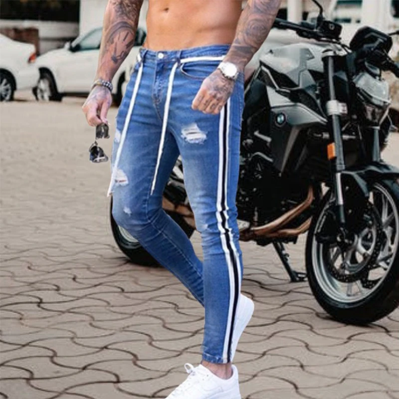 Mens Pants Stretch Ripped Jeans Casual Side Stripes Slim Fit Trousers Male Plus Size Pencil Pants Denim Skinny Jeans for Men