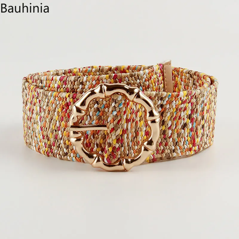 Bauhinia Fashion Colorful PP Grass Wide Belt Bohemian Round Buckle  Decorative Dress Belt for Women Luxury Designer Belts