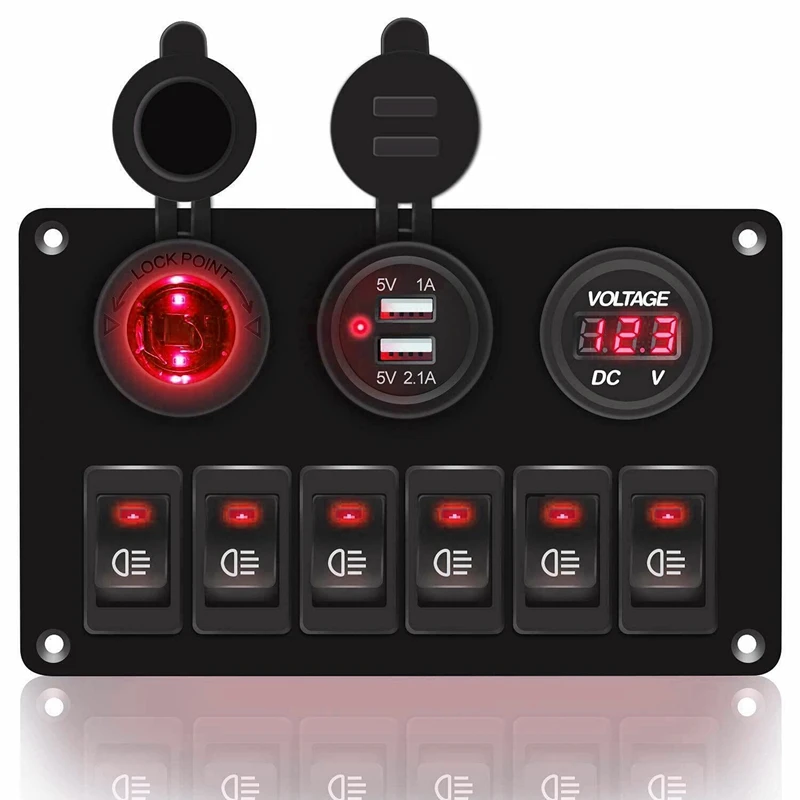 

6 Gang Rocker Switch Panel ON/OFF Lights Dual USB Ports Car Marine Circuit Breaker DC 12V/24V LED Digital Voltmeter
