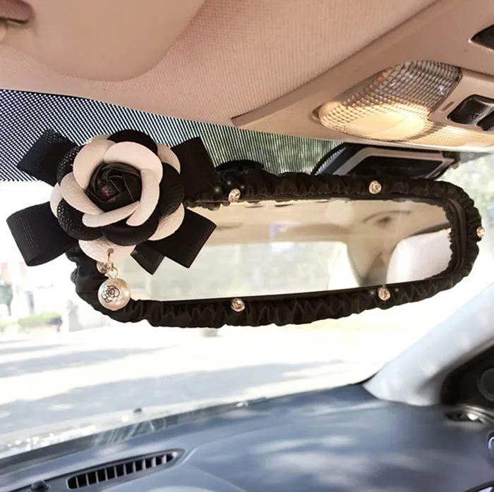 Pearl Camellia Flower Car Interior Rearview Mirror Cover PU Leather Auto Rear View Decoration Accessories For Women and Girls (art.: 7ac1409c3) - 7ac1409c3