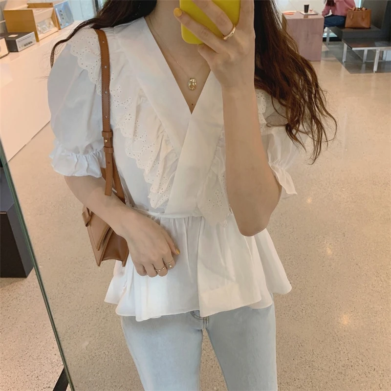 

Ruffled Lace-Up Blouse Summer Women Vintage Elegant Shirt Slim Waist Chic Sweet Beach Puff Sleeve White Tops Office Lady N630