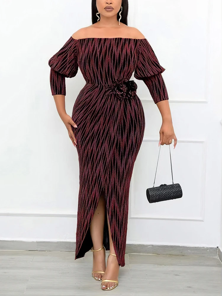 

Sexy Women Strapless Long Dress Vintage Stripped Sequin Gowns with Waist Decoration Appliques Slit Wrap Dress Celebrity Birthday