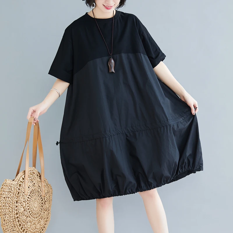 

SuperAen 2022 летнее Новое свободное платье большого размера с завязками, тонкое Повседневное платье с короткими рукавами и круглым вырезом для ж...