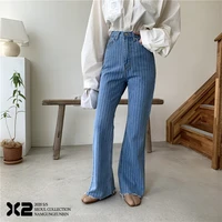2022 trend korean fashion high waist vertical striped flared slender raw edge jeans bell bottom jeans for women pants streetwear