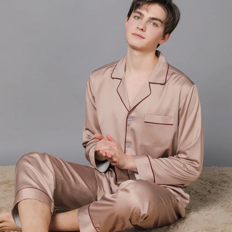 2022New Spring and Autumn Silk Pair Pajamas Women's Autumn Ice Silk Men's Pajamas Home Clothes Long Sleeves Large Size Suit