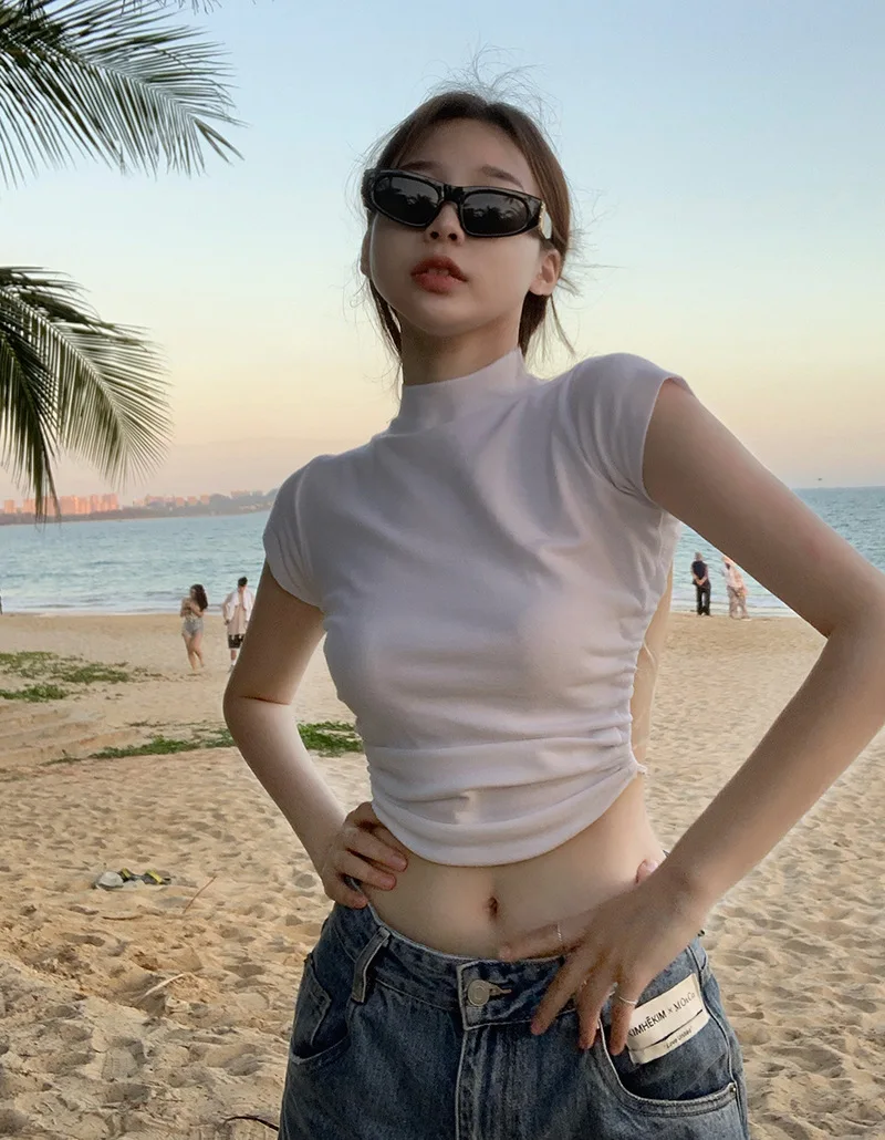 

Backless White Woman Tshirts Female Summer Hot Girl Sexy Half Turtleneck Niche Chic Outer Top Woman Tshirts Sexy Tops for Women