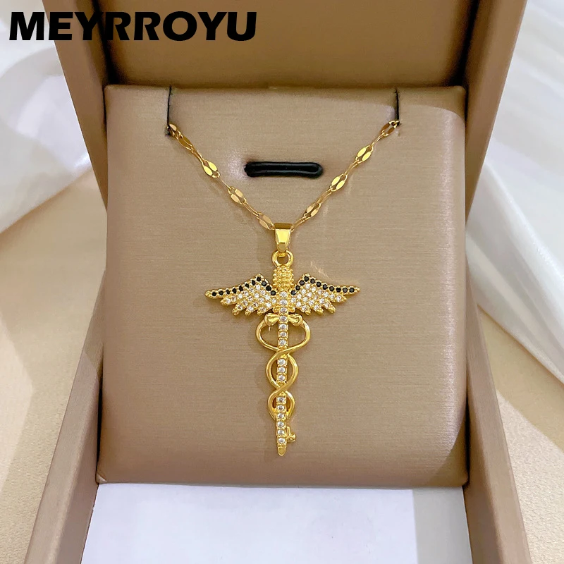 

MEYRROYU 316L Stainless Steel Necklace Golden Scepter Wings Snake Pendant Clavicle Accessories For Women Gifts Jewelry Bijoux