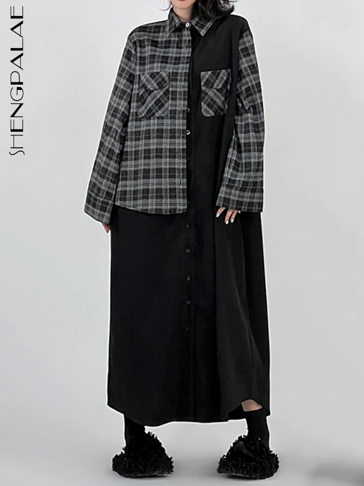 

SHENGPALAE, клетчатое платье-рубашка для женщин, модное, с отворотом, с двойными карманами, с длинным рукавом, прямое, Vestido, осень 2023, новинка 5R5454