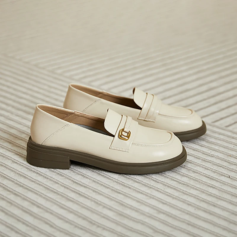 2023 Spring British Style Loafers Women Round Toe Chunky Heel Single Shoes Female Slip On Low Heel Casual Leather Shoes Woman