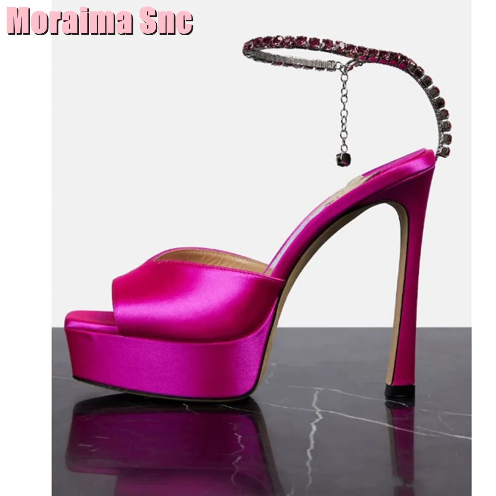 Platform Square Toe Crystal Sandals Metal Chain Stiletto High Heel Satin Material Golden Solid Sexy Women Wedding Shoes Summer
