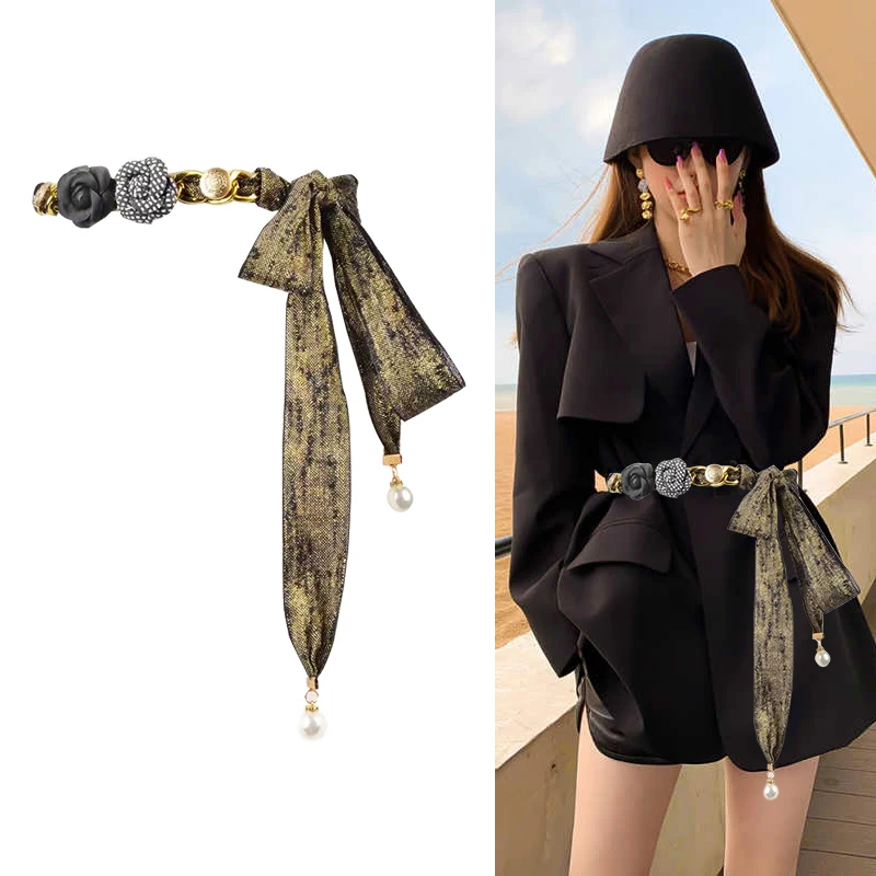 Designer Belts For Women High Quality Long Knot Long Waistband Female Waist Corset Belt Vintage Chain Dress Cummerbunds Pearl