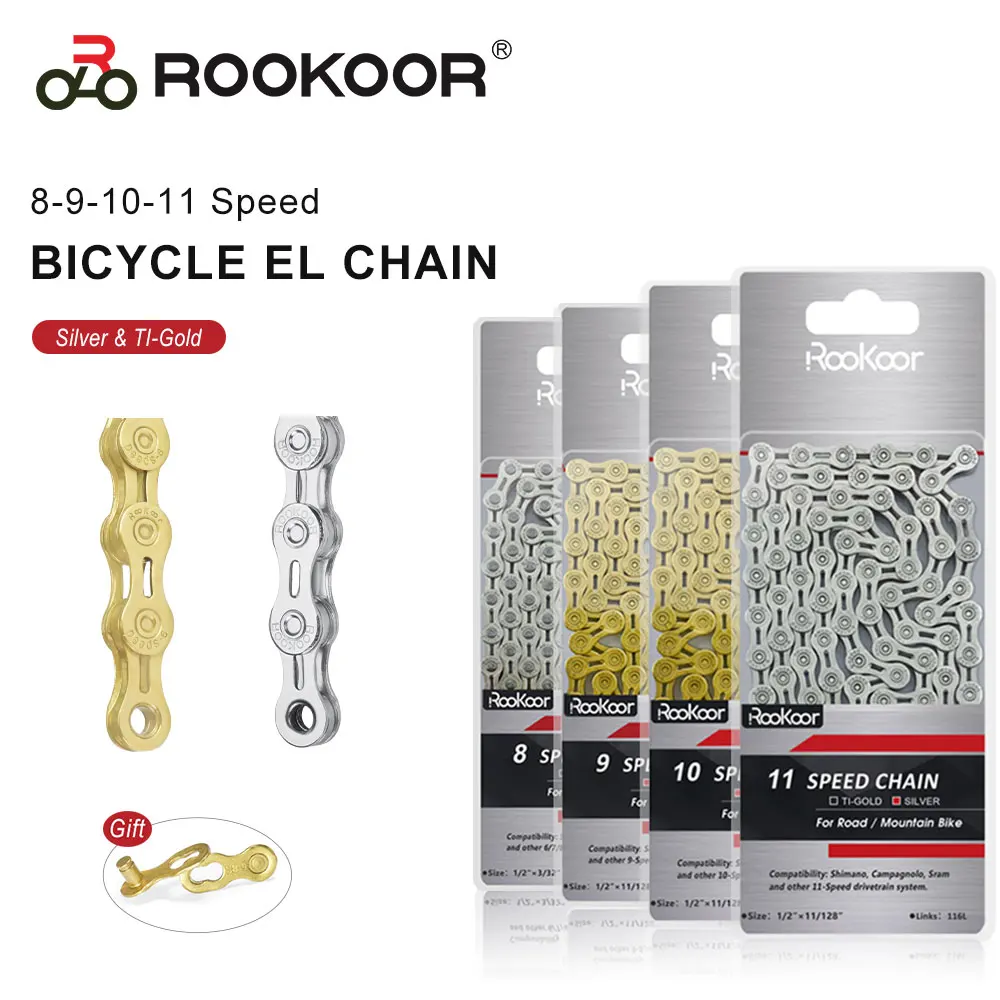 

Rookoor MTB Road Bicycle Chain 8 9 10 11 Speed Silver Titanium Plated EL Half Hollow Chains 116 Links Bike Part Accessories