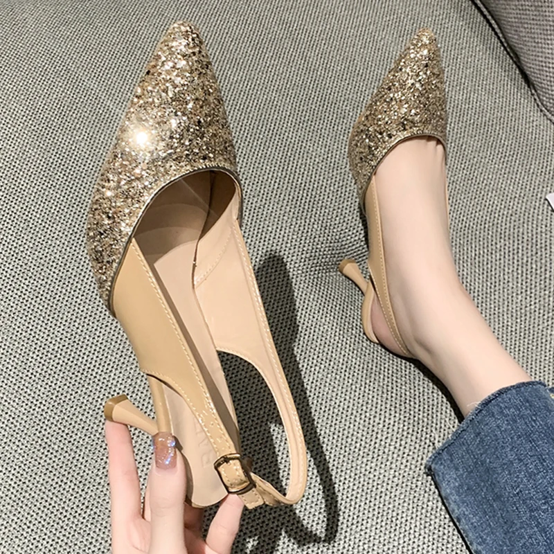 

Lucyever 2022 Gold Silver Sequins Pumps for Women Thin High Heels Party Wedding Shoes Woman Pointed Toe Slingback Shoes Ladies