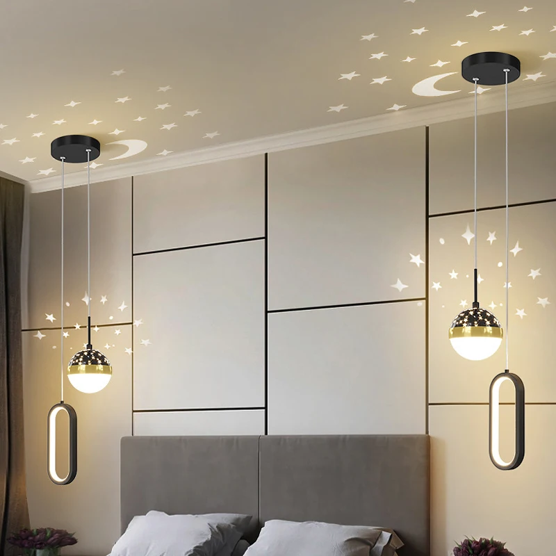 

Nordic bedroom pendant light new modern simple bedside double head chandelier creative sky star projection lamp