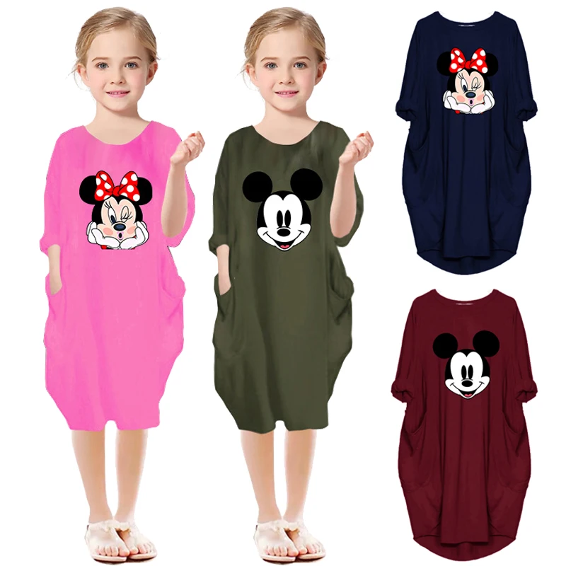 

Disney Cotton Children's Dress Cartoon Mickey Minnie Mouse Long Sleeve Costume With Pocket Printing Clothes for 3-10 Years Girls