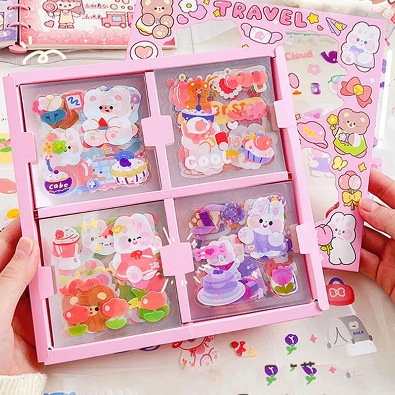 100 Sheets/Box kawaii Gift Packing Stickers Cute Girls Pink Bunny Sticker PET Clear Planner Decor Scrapbooking School Stationery