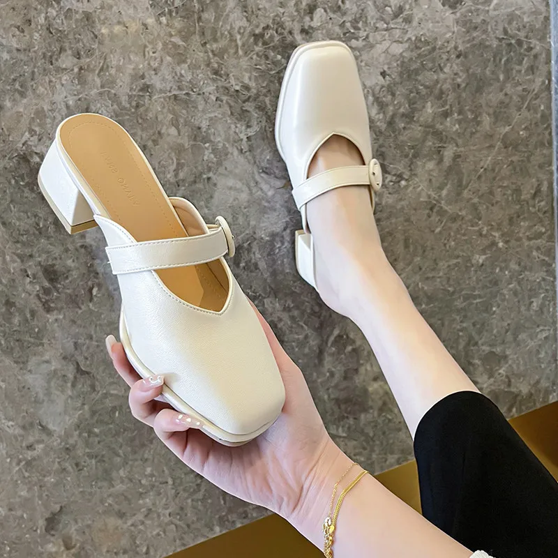 

Мюли женские на квадратном каблуке, туфли-лоферы из искусственной кожи, квадратный каблук, закрытый носок, сланцы, роскошная модная обувь на...