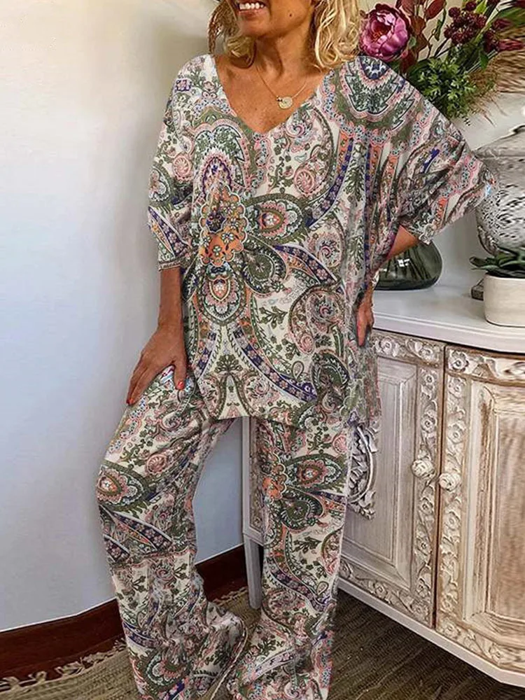 

New Pullover + Wide Leg Pants Boho Suit 2022 V-Neck Loose Women's Elegant Casual Suit Two Piece Retro Print Long Sleeve Suit