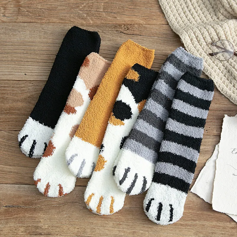 

Fashion Autumn Winter Sleep Cartoon Socks Elastic Comfy Harajuku Cat Paw Cute Thickened Coral Fleece Girl Tube Socks