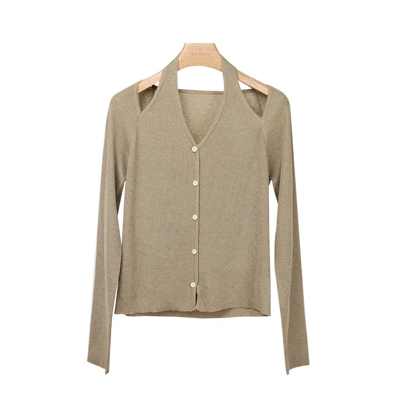 

Off-the-shoulder Hanging Neck Wool V-neck Sweater Women's 2022 Autumn and Winter Korean Design Sense Cardigan Knitted Top 71365