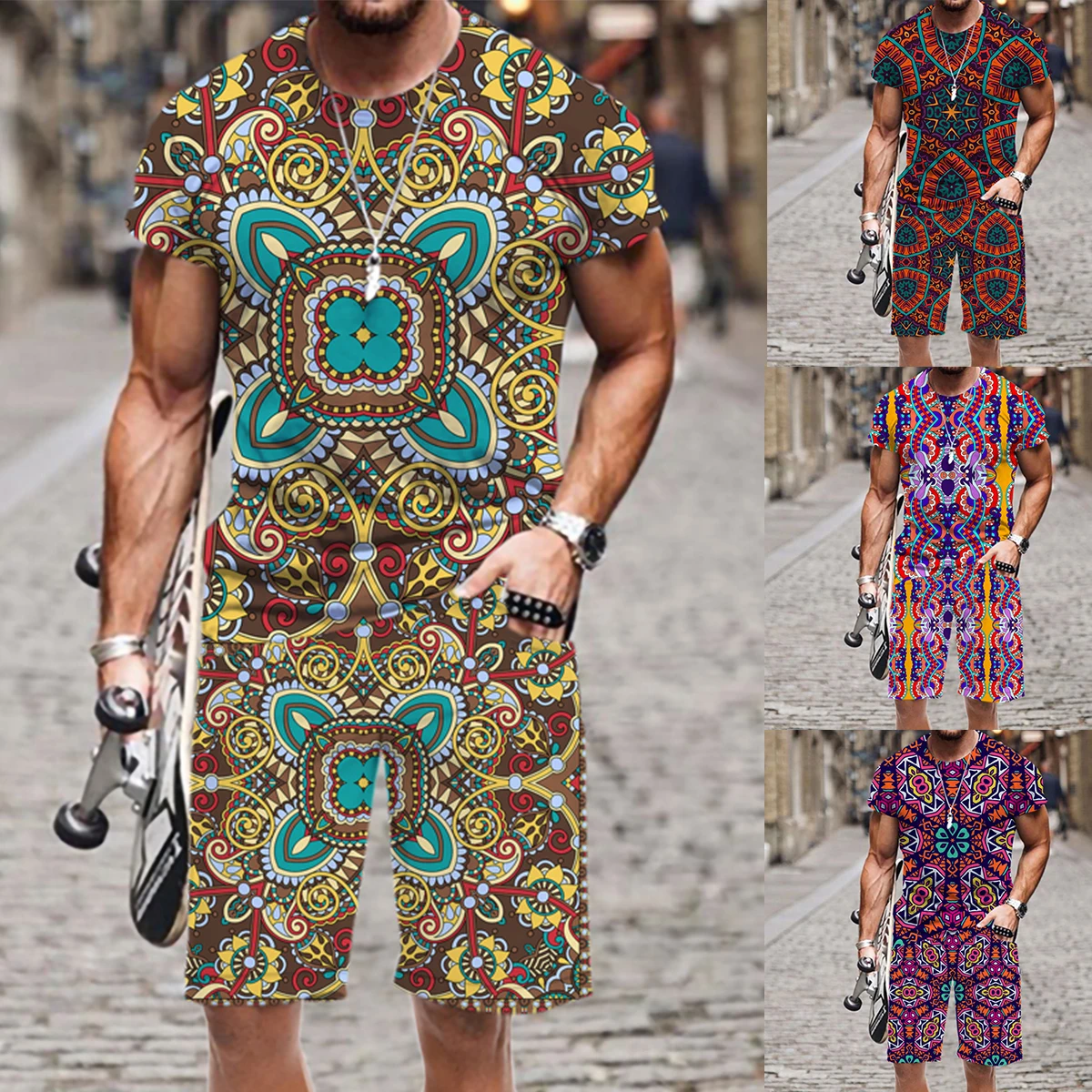 

Fashion Retro Floral Pattern 3D Print Suit Oversized Short Sleeve T-shirt+Board Shorts 2-piece 2022 Men Summer Tracksuit Sets