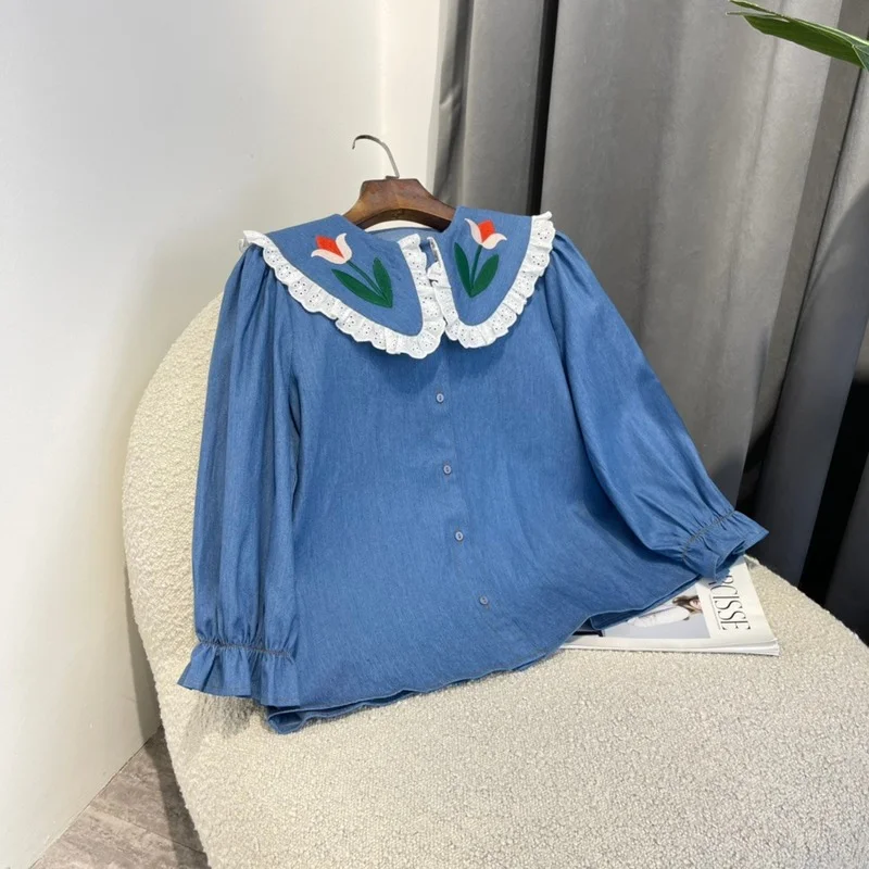 

Preppy Style Women Tops 2022 Summer Ladies High Quality Lace Edge Flower Embroidery Peter Pan Collar Blue Blouses