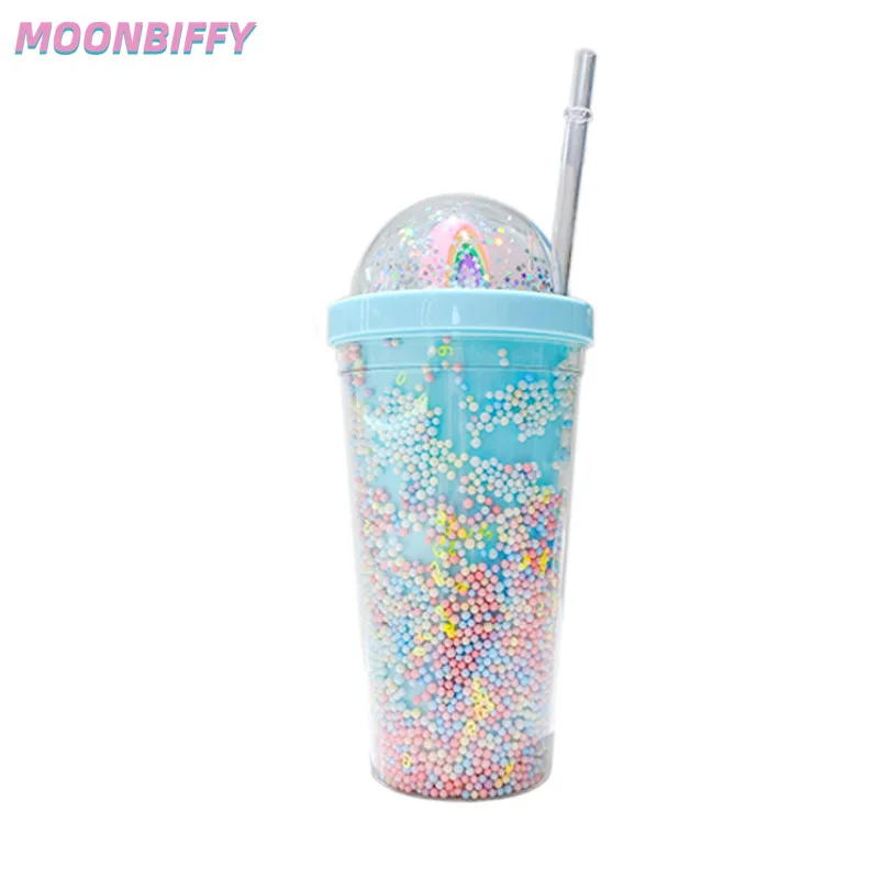 

Woman Girl Water Bottle for Juice Milk Coffee Cartoon Cute Rainbow Cup with Straws Plastic 550ml Drink Bottles Kids Water Bottle