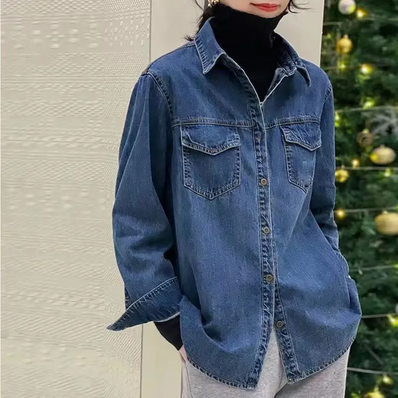 

Women Blue Denim Blouse Lapel Long Sleeve Single Breasted Solid Shirt Spring Auutmn Loose Casual Shirt Female
