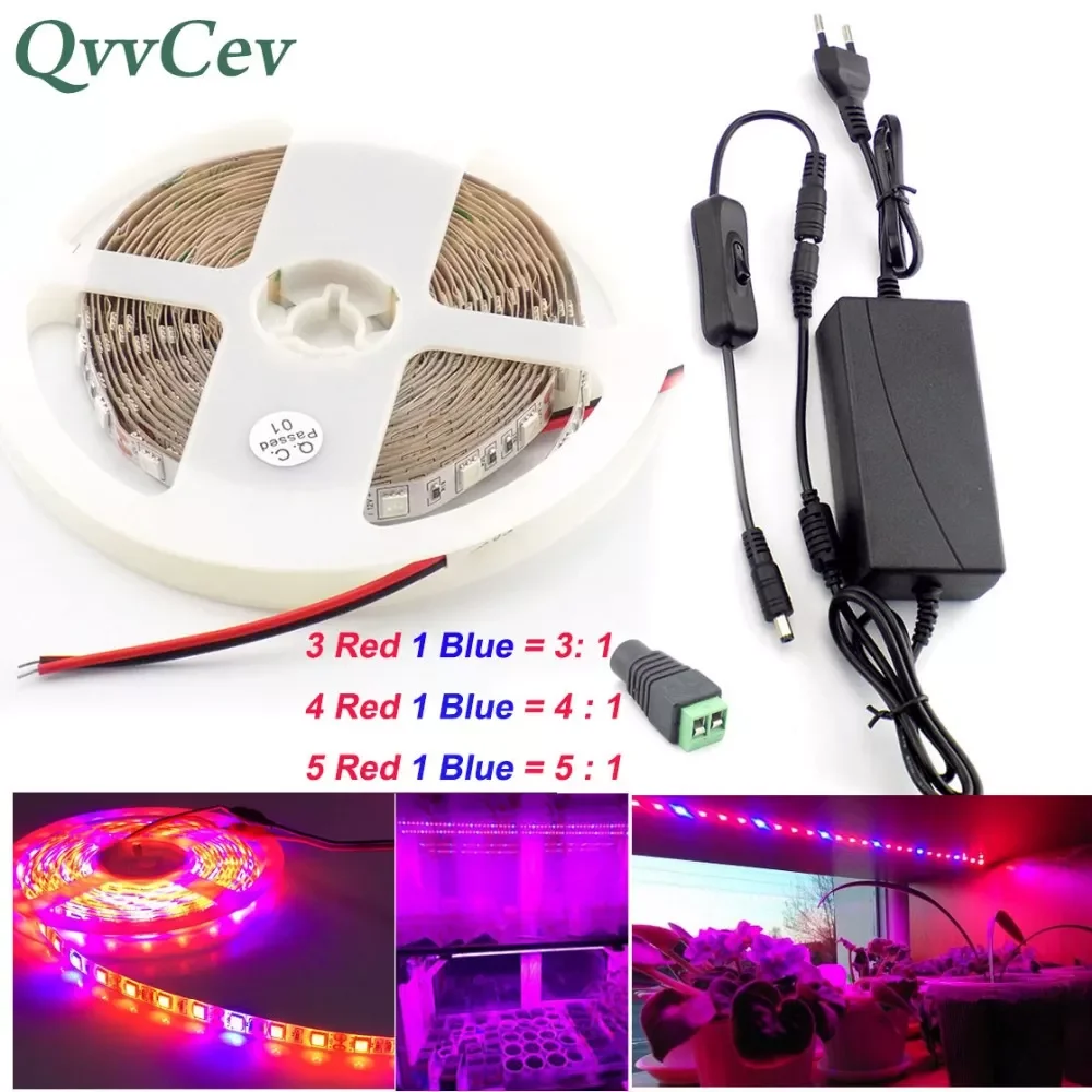 

NEW Qvvcev Led Plant Grow Strip Light lamp Waterproof 2M 3M 5M DC 12V 2A/3A Power Adapter for flower indoor greenhouse Aquarium
