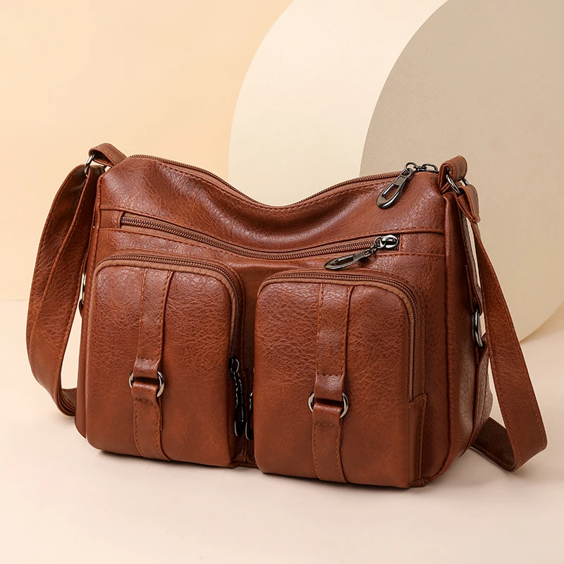 

Multi Pocket Crossbody Bag for Women Brown Washable Leather Ladies Aesthetic Handbag Portable Female Medium Square Shoulder Bags