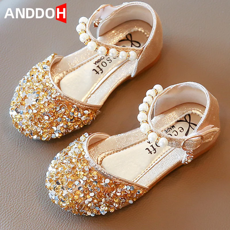 

Size 21-30 Girls Pearl Princess Shoes Kids Leather Sequin Dance Shoe Children Fashion Soft Bottom Beach Sandals Baby Sandal