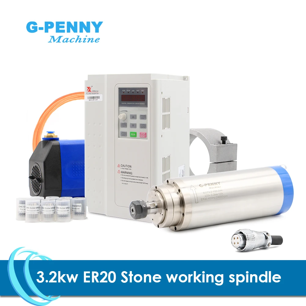 

Stone working spindle 3.2kw ER20 4 pcs bearings 0.01mm accuracy & Fuling 3.7kw inverter & water pump & bracket