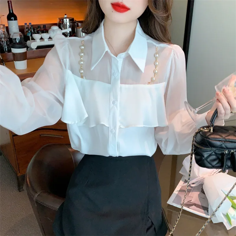 Осень 2023 новая легкая рубашка во французском стиле с рюшами и длинными рукавами