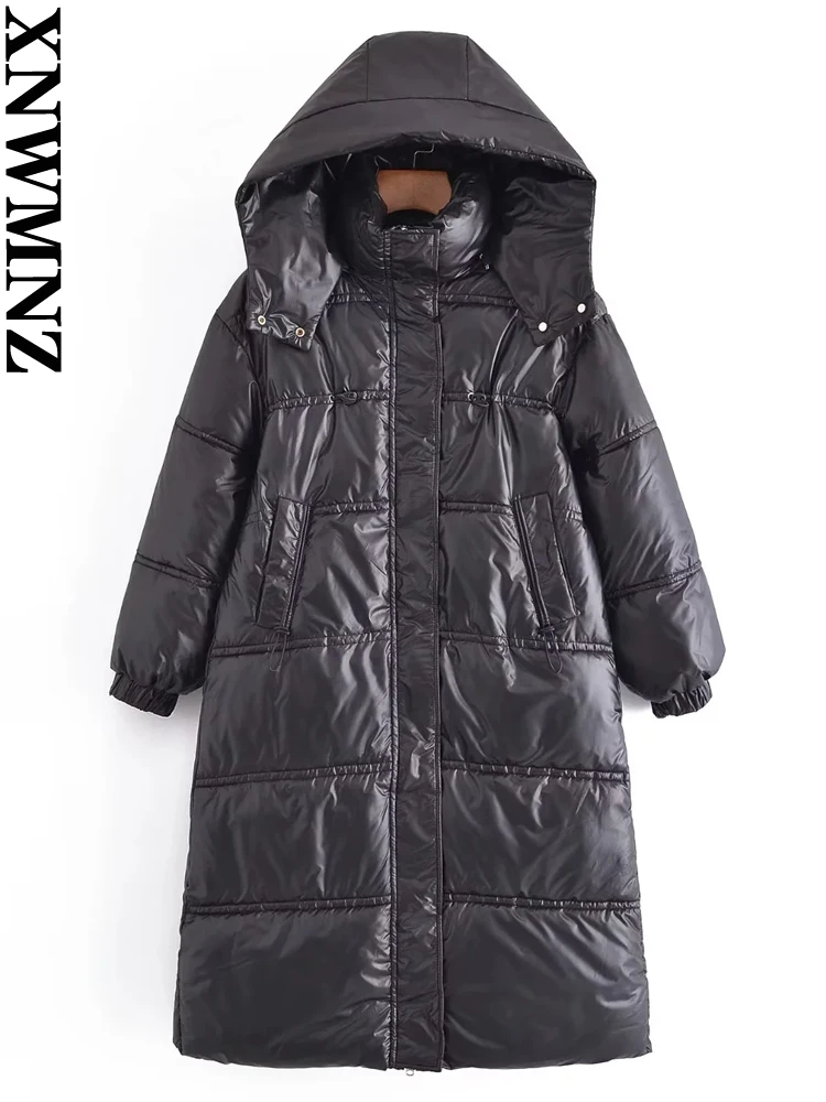 XNWMNZ 2022 Women Fashion Removable Hat Long Cotton Clothes Woman Retro Oversize Jackets Winter Warm Coat Female Chic Outwear