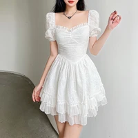 new fairycore square collar sundress white hook plleated dress retro cute sweet y2k sundress short sleeve women korean vestido