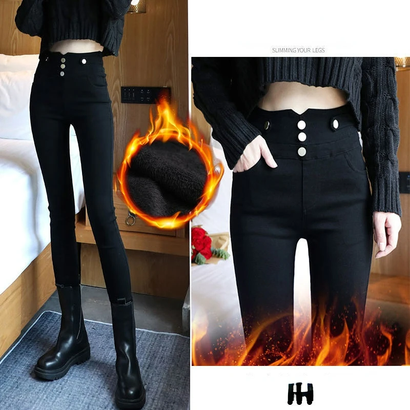 

Winter High Waist Skinny Warm Jeans Women Velvet Ankle Length Vaqueros Casual Thick Pencil Pants Basic Fleece Denim Trouser L10