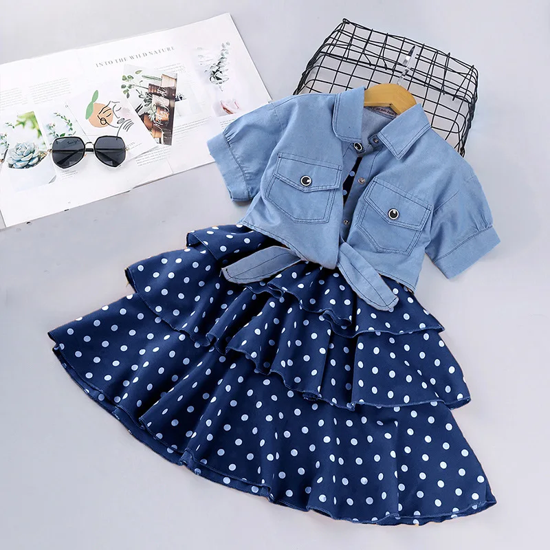 

Girls' Set 2023 Summer Fashionable Children's Clothing Short Sleeve Denim Coat Skirt Flower Girl Dresses Bodian Children's Dress