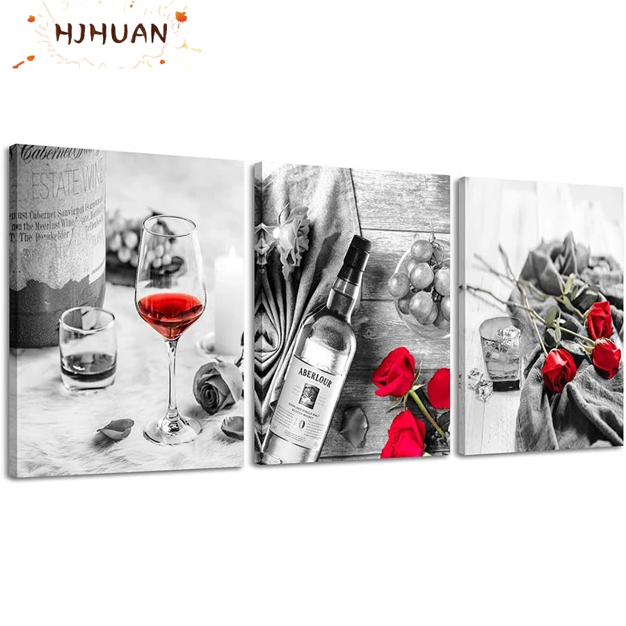 3pcs red wine, rose Diamond Painting Cross Stitch Kits Embroidery Full Mosaic Rhinestone Craft Lovers for Home Decoration gift