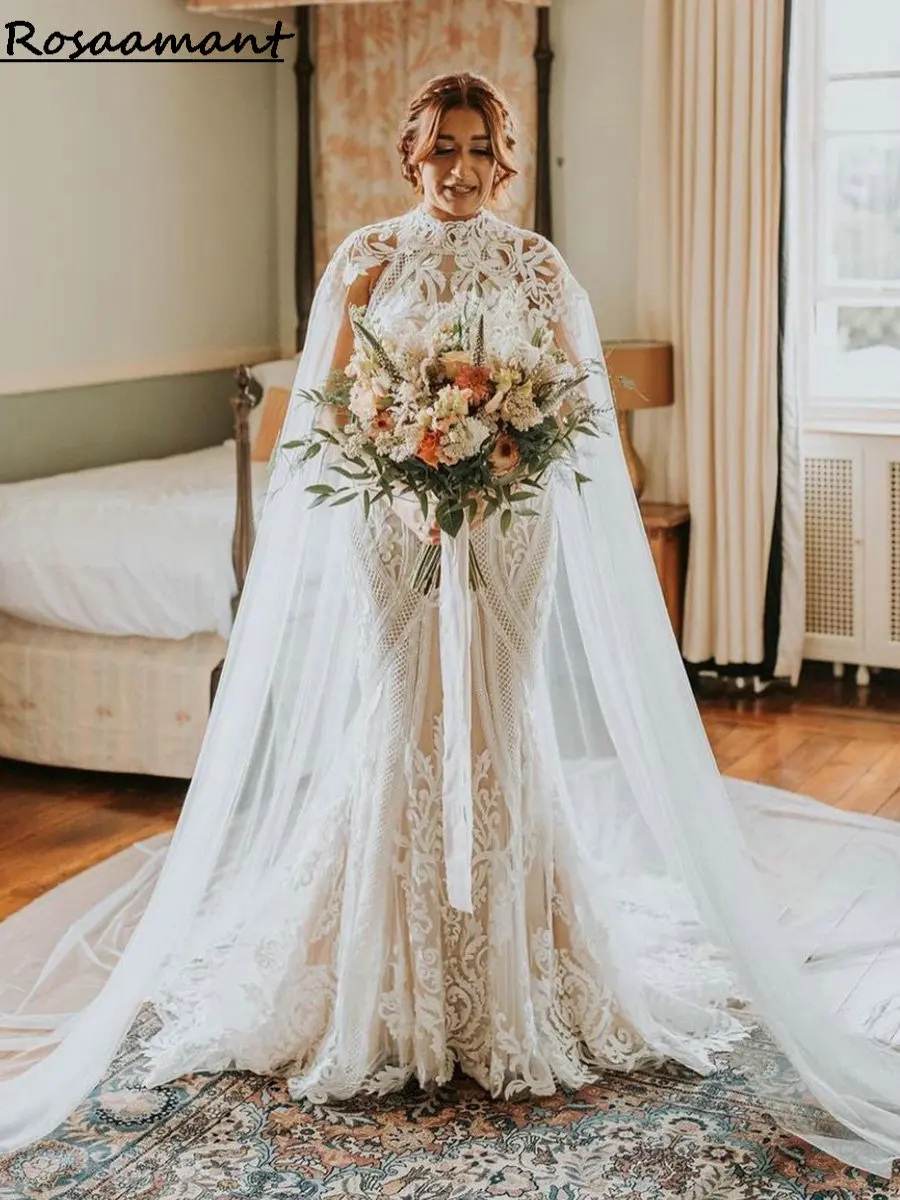 

Bohemian High Neck Open Back Mermaid Wedding Dresses With Cape Appliques Lace Bridal Gowns