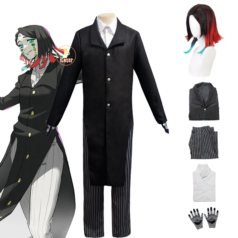 

Anime Kimetsu no Yaiba Enmu Cosplay Costume Demon Slayer Enmu Black mix Red Green Wig Party Uniform Set Halloween Black Outfit