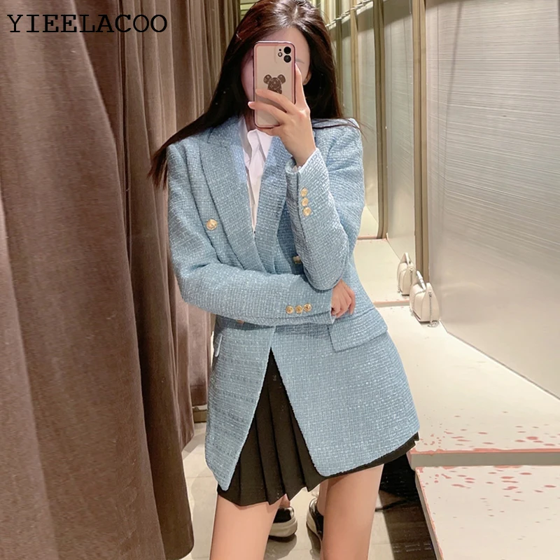 Light Blue Tweed Jacket Casual Textured Small Fragrant  One-Piece Spring / Autumn Women's Double Breasted Suit Coat ladies
