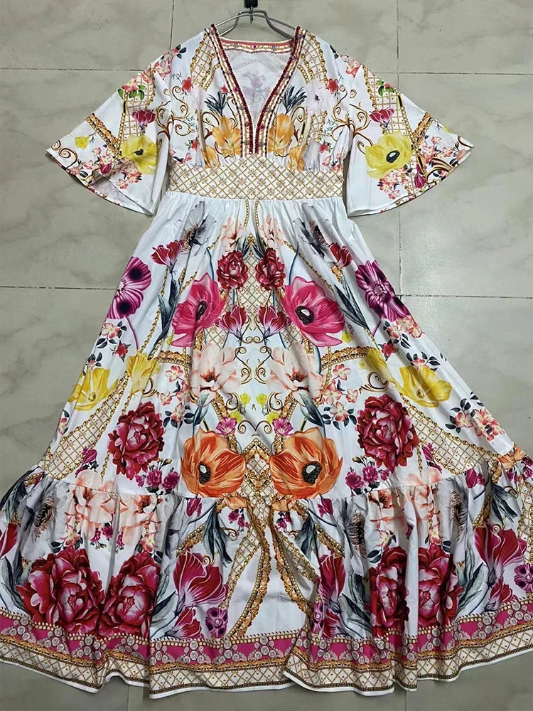 

High quality spring printed crystal sequin dress V-neck short sleeve long skirt high waist large swing party holiday dress