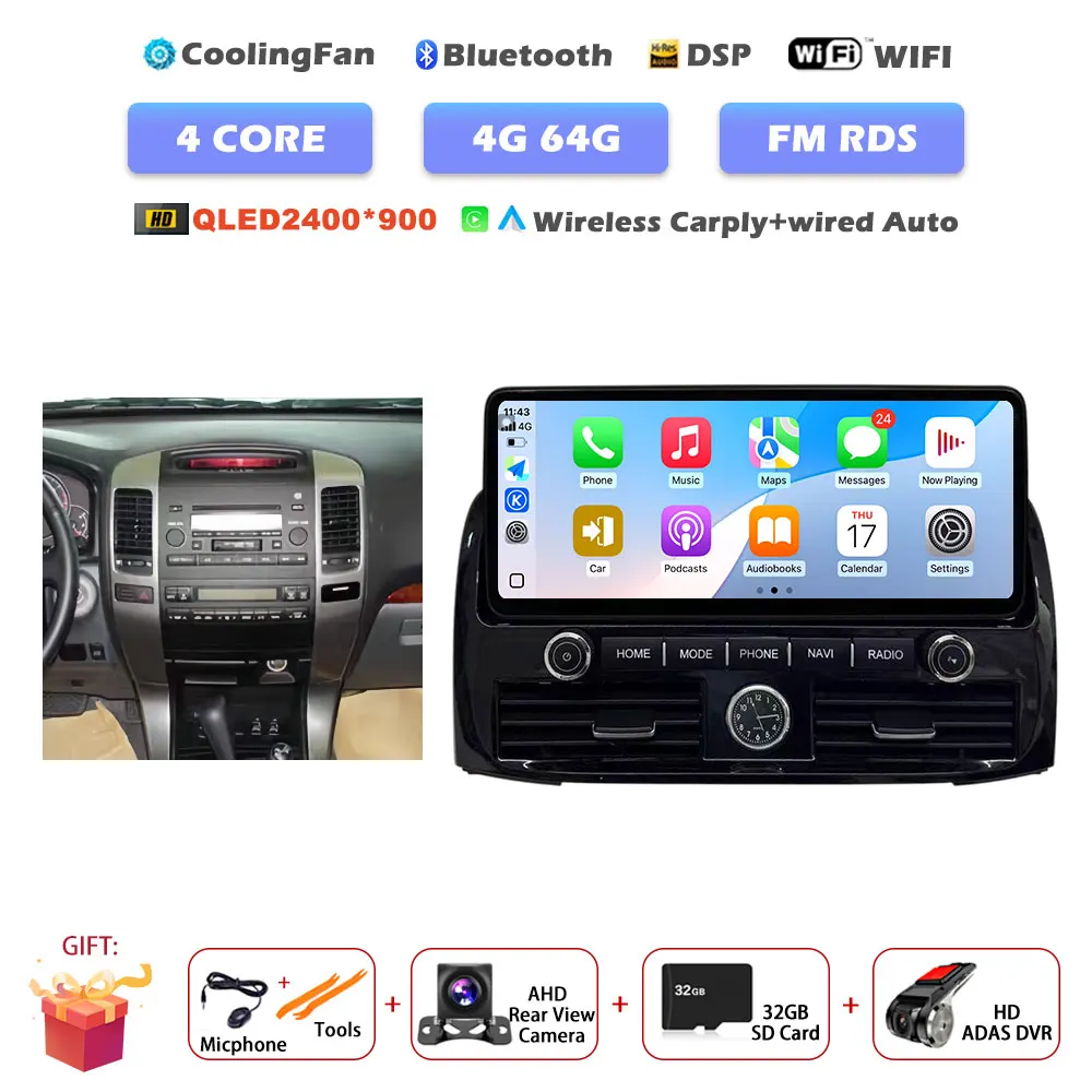 

12,3 "Carplay Auto Android 15 Автомобильный плеер GPS карта WIFI Bluetooth Радио для Toyota Prado 120 2003-2009 DSP BT Инструменты NO 2Din DVD